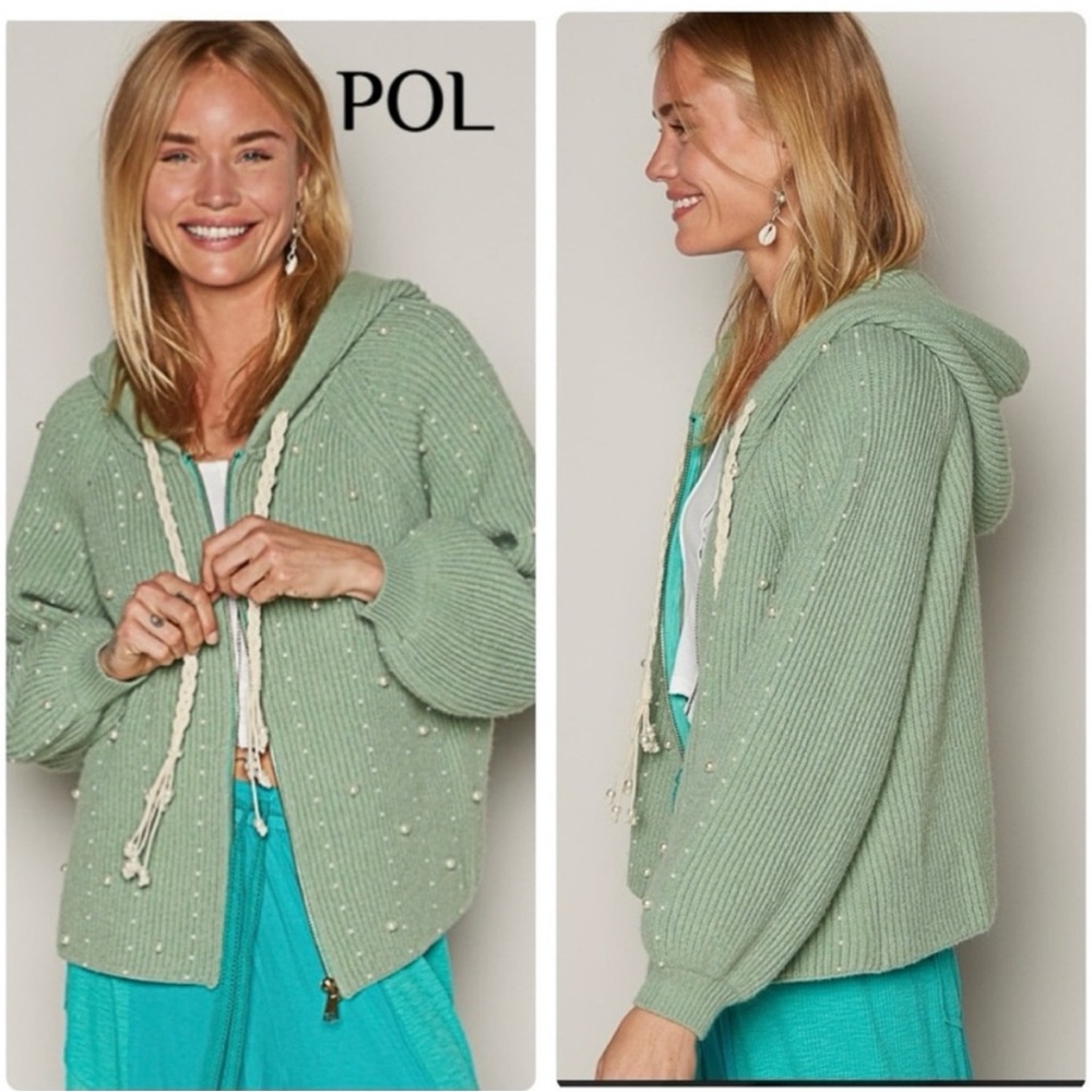 NEW Anthropologie POL Lennox Pearl Hoodie Cardigan Sweater in Green size M